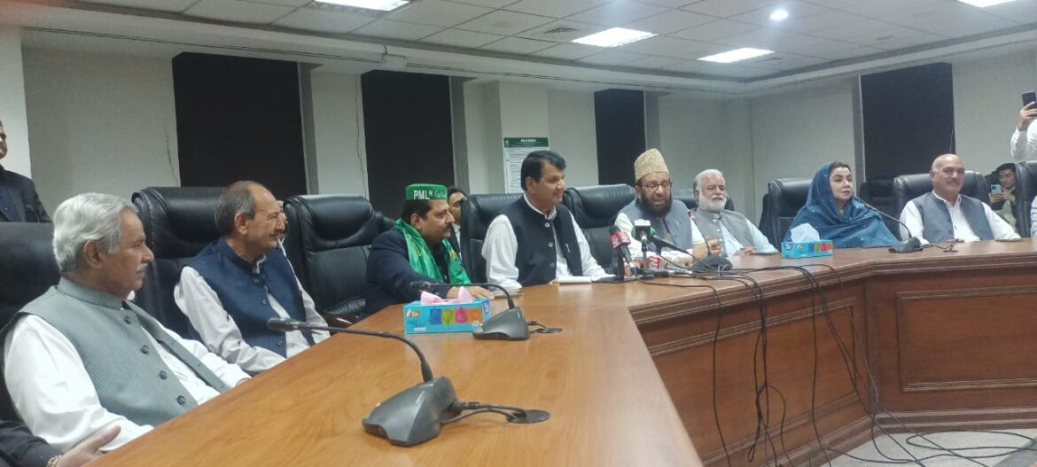 Engineer Amir Maqam addresses a press conference, welcoming new PML-N entrants and criticizing KP government policies.